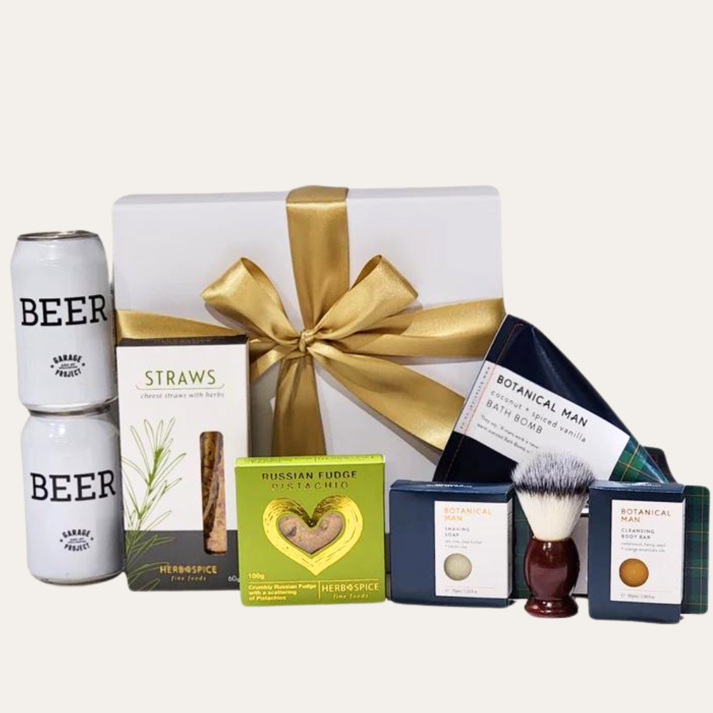 Luxurious pampering gift box for men with premium grooming essentials and refreshing craft beer. Ideal for special occasions.