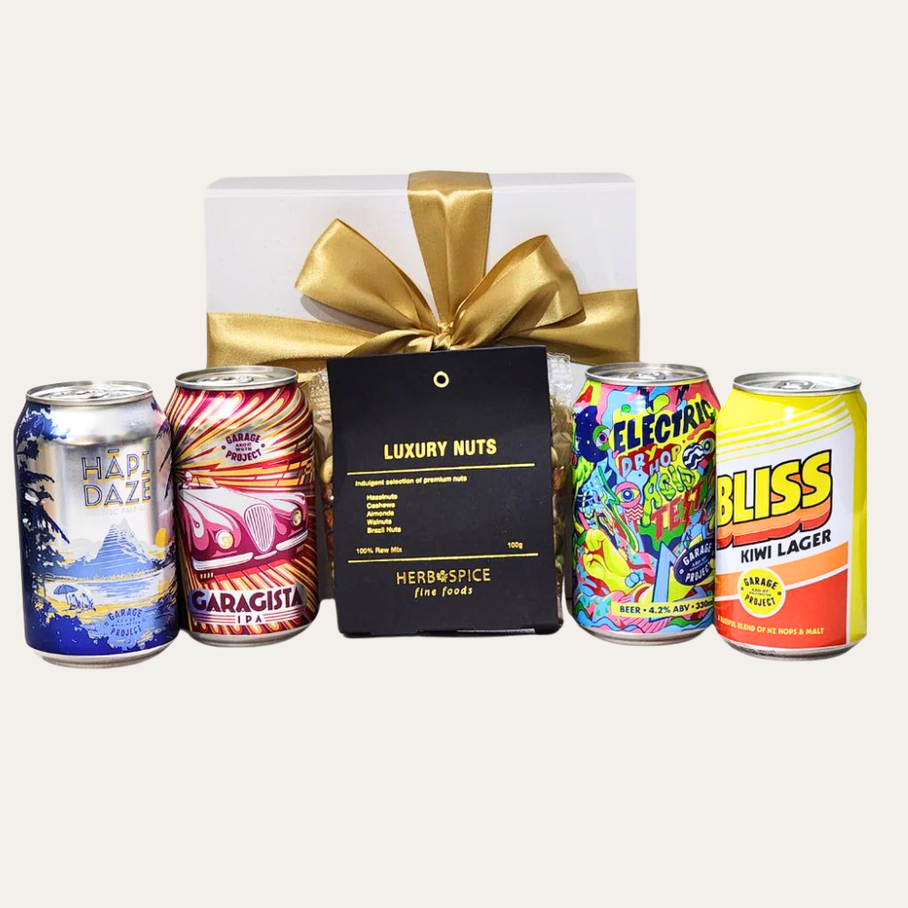 Craft Brew Pack featuring four unique craft beers and luxury nuts in a beautifully packaged gift box with ribbon.