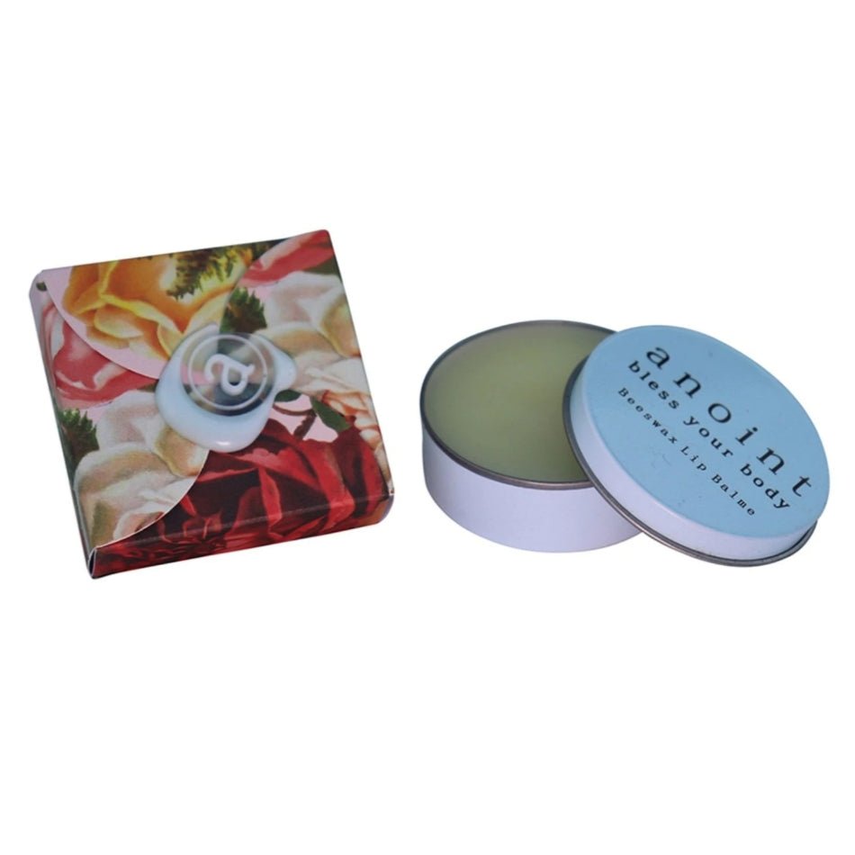 Anoint Beeswax Lip Balm in pale blue tin, crafted to hydrate dry lips with natural ingredients, beautifully packaged for gifting.