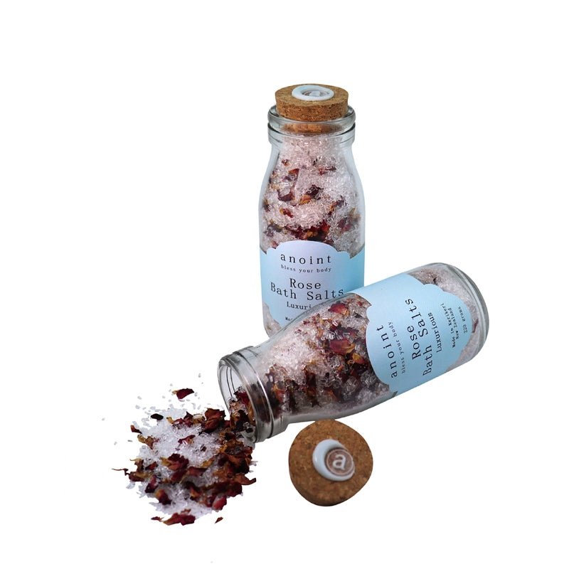 Luxurious Anoint Rose Bath Salts with Epsom salts, rose petals, and essential oil for a rejuvenating bath experience.