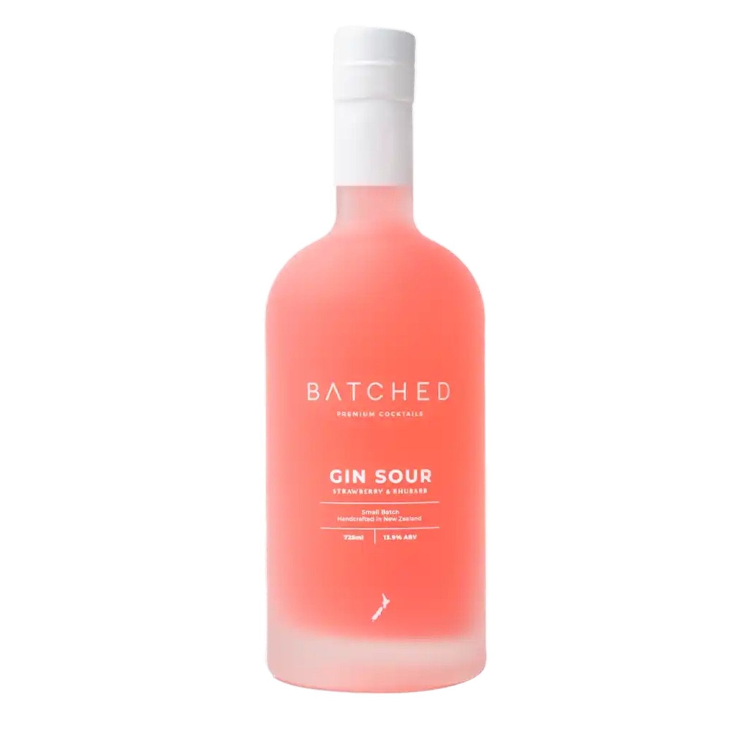 Batched Gin Sour Strawberry & Rhubarb in a 725ml bottle, featuring sweet strawberries and tangy rhubarb, perfect for cocktails.