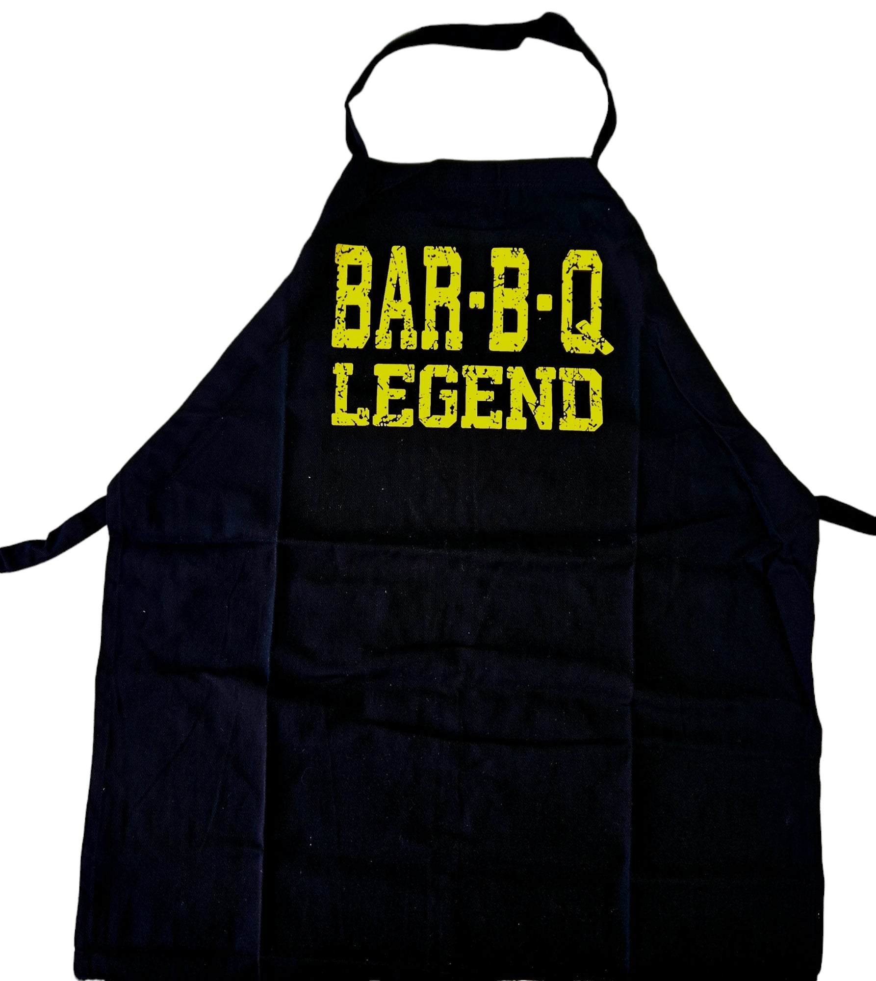 BBQ Legend Apron with bold "Bar BQ Legend" print, adjustable ties, perfect for passionate grill masters.