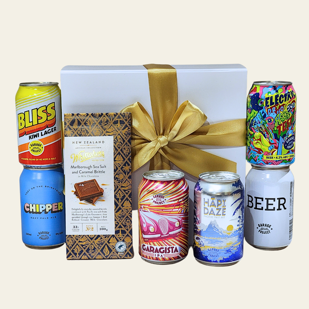 Craft Beer Sampler gift box featuring local brews and gourmet chocolate, perfect for sharing or celebrating.