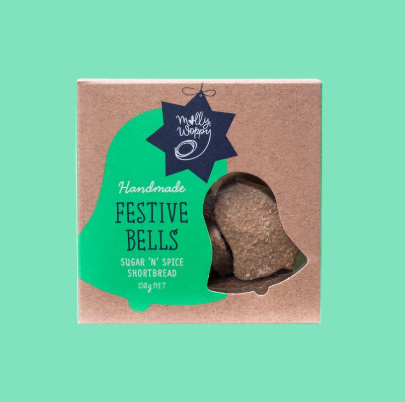 Molly Woppy Festive Shortbread Bell Cookies in a charming bell shape, perfect for holiday gifting and celebrations.