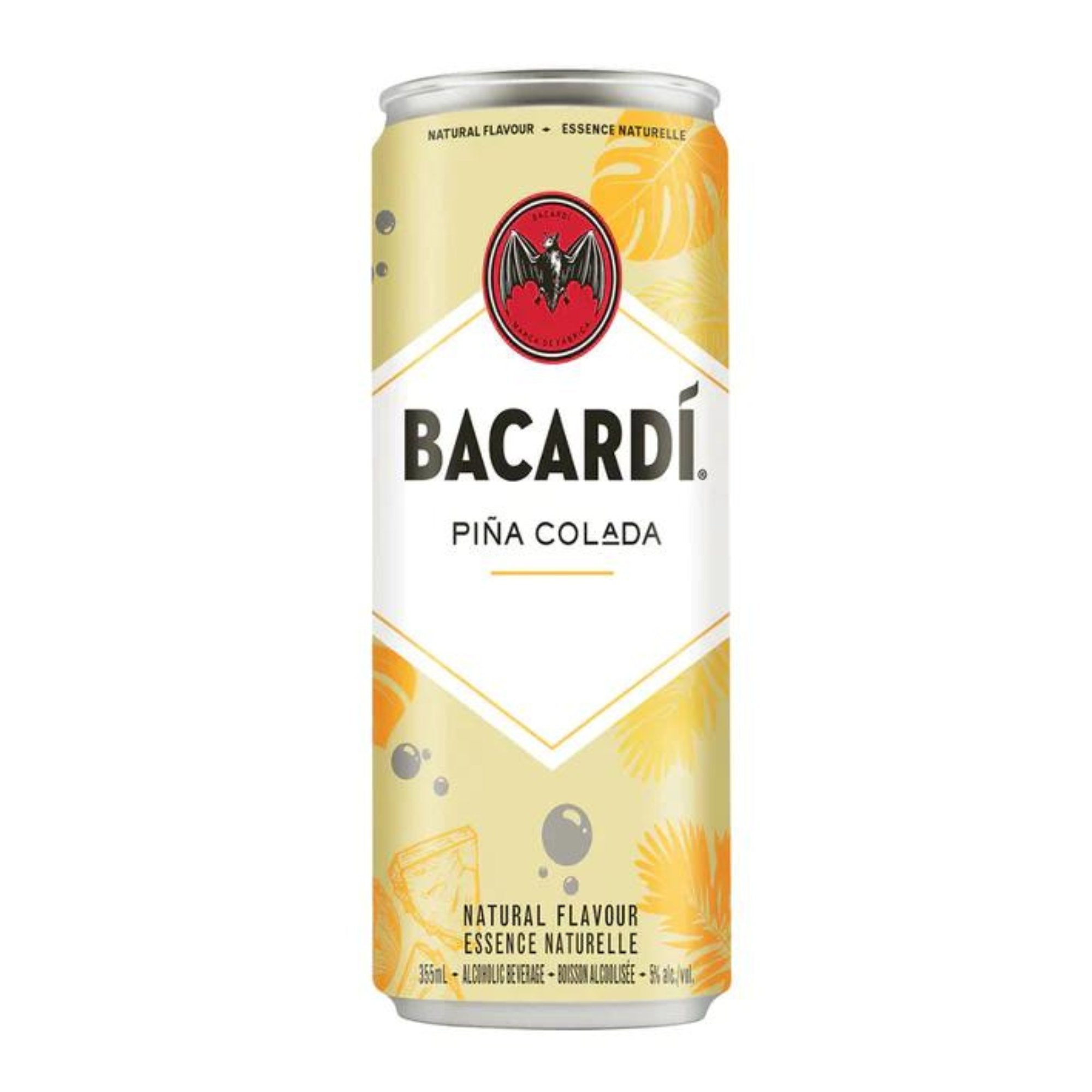 Bacardi Pina Colada Can featuring a tropical rum cocktail with pineapple and coconut flavors, perfect for summer enjoyment.