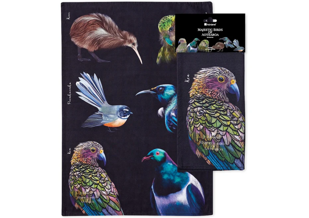 Colorful NZ Birds Tea Towel showcasing native birds, perfect for drying dishes and adding Kiwi charm to your kitchen.