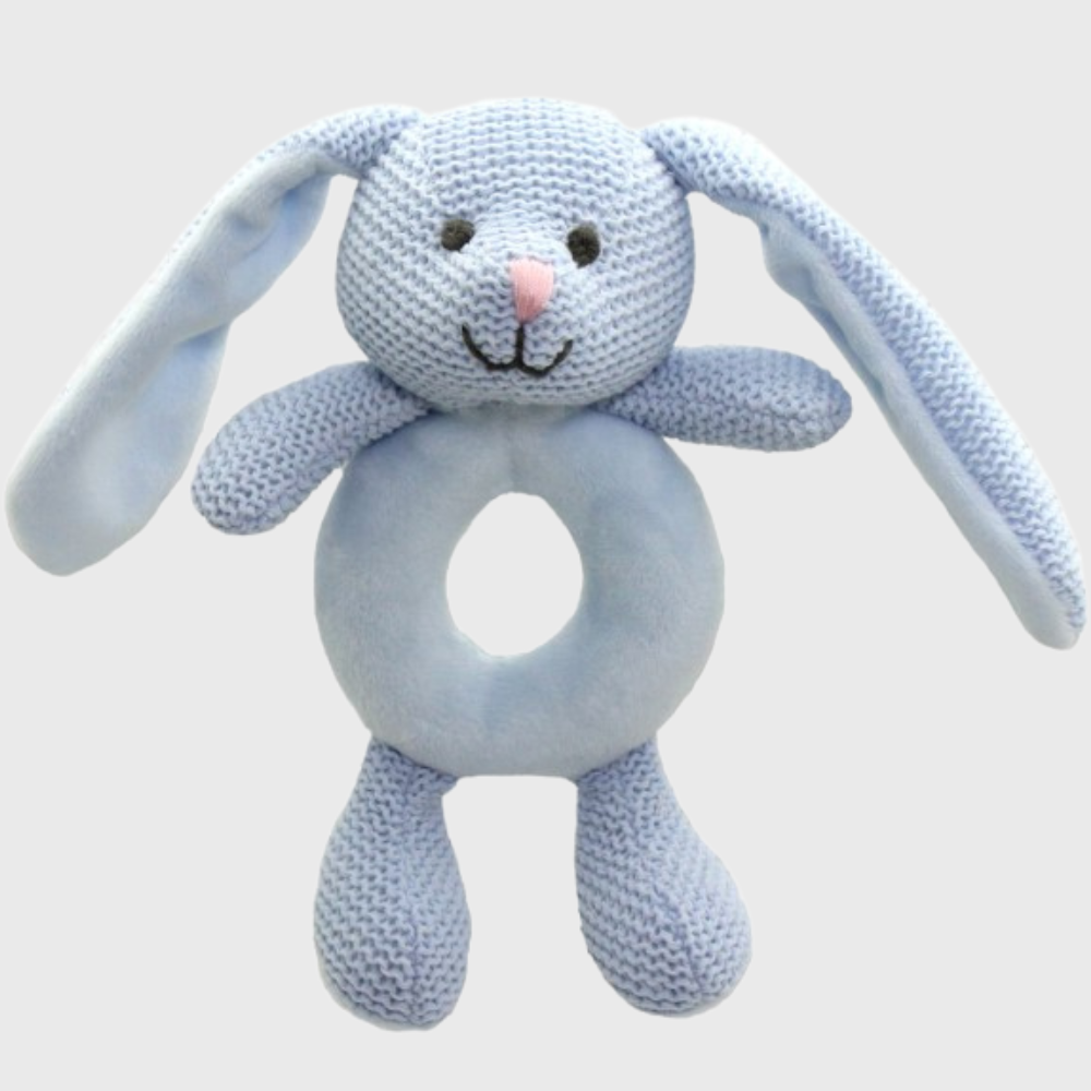 Woven blue bunny rattle, 15cm, soft texture, gentle sound for sensory play, perfect gift for babies.