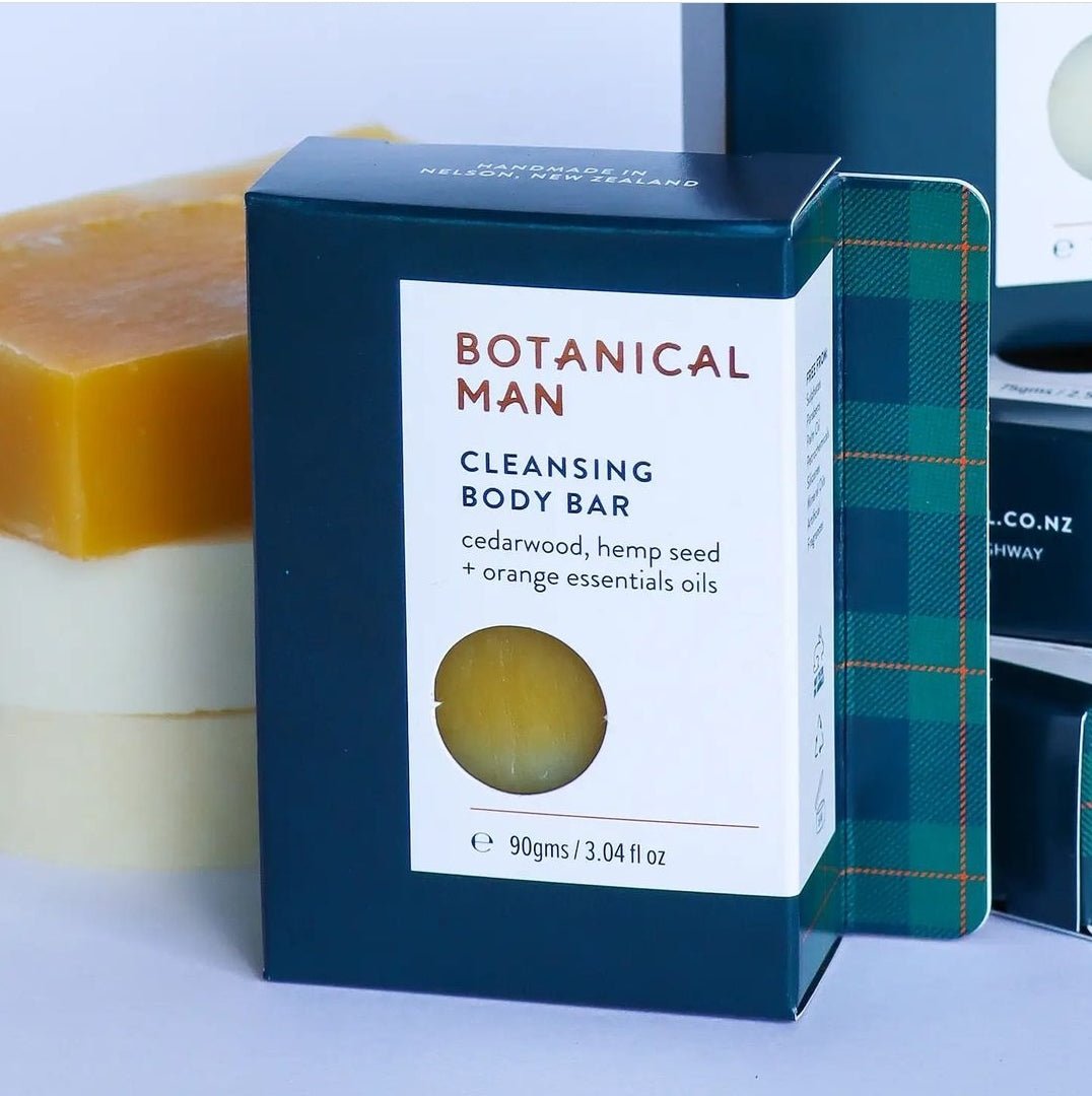 Handmade Botanical Man Cleansing Body Bar with cedarwood, hemp, and orange for nourishing, daily skincare.