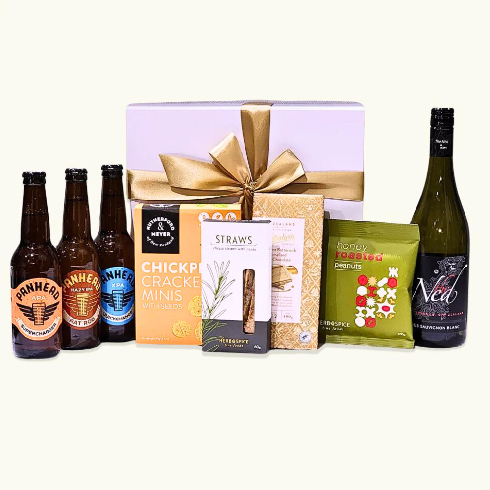 Elegant gift box featuring craft beers, Sauvignon Blanc, and gourmet treats for unforgettable celebrations and indulgence.