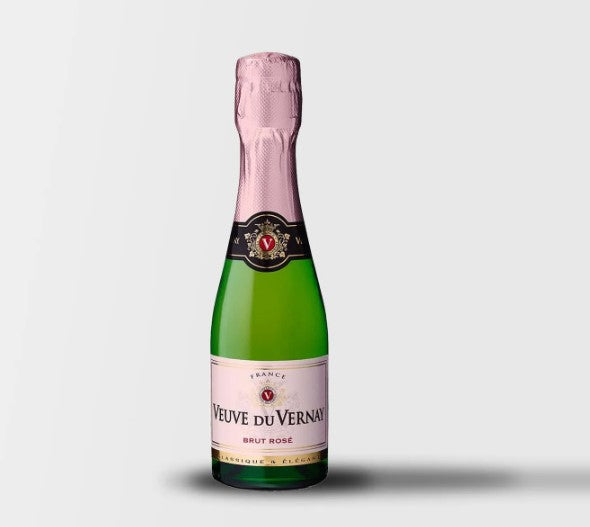 Veuve du Vernay Rosé Piccolo 200ml bottle with elegant bubbles, perfect for celebrations and gifting.