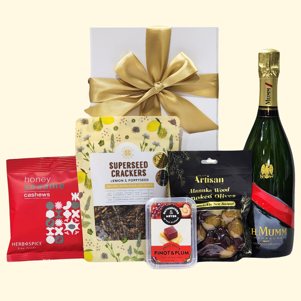 Elegant Champagne Celebration Gift Box featuring Mumm Grand Cordon Champagne, gourmet treats, and stylish packaging.