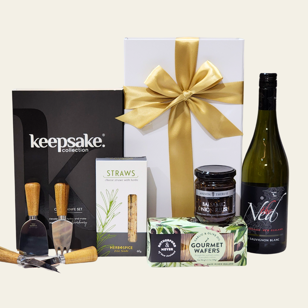 Elegant Wine & Cheese Knives Gift Box featuring gourmet pairings and a 4-piece cheese knife set for sophisticated entertaining.