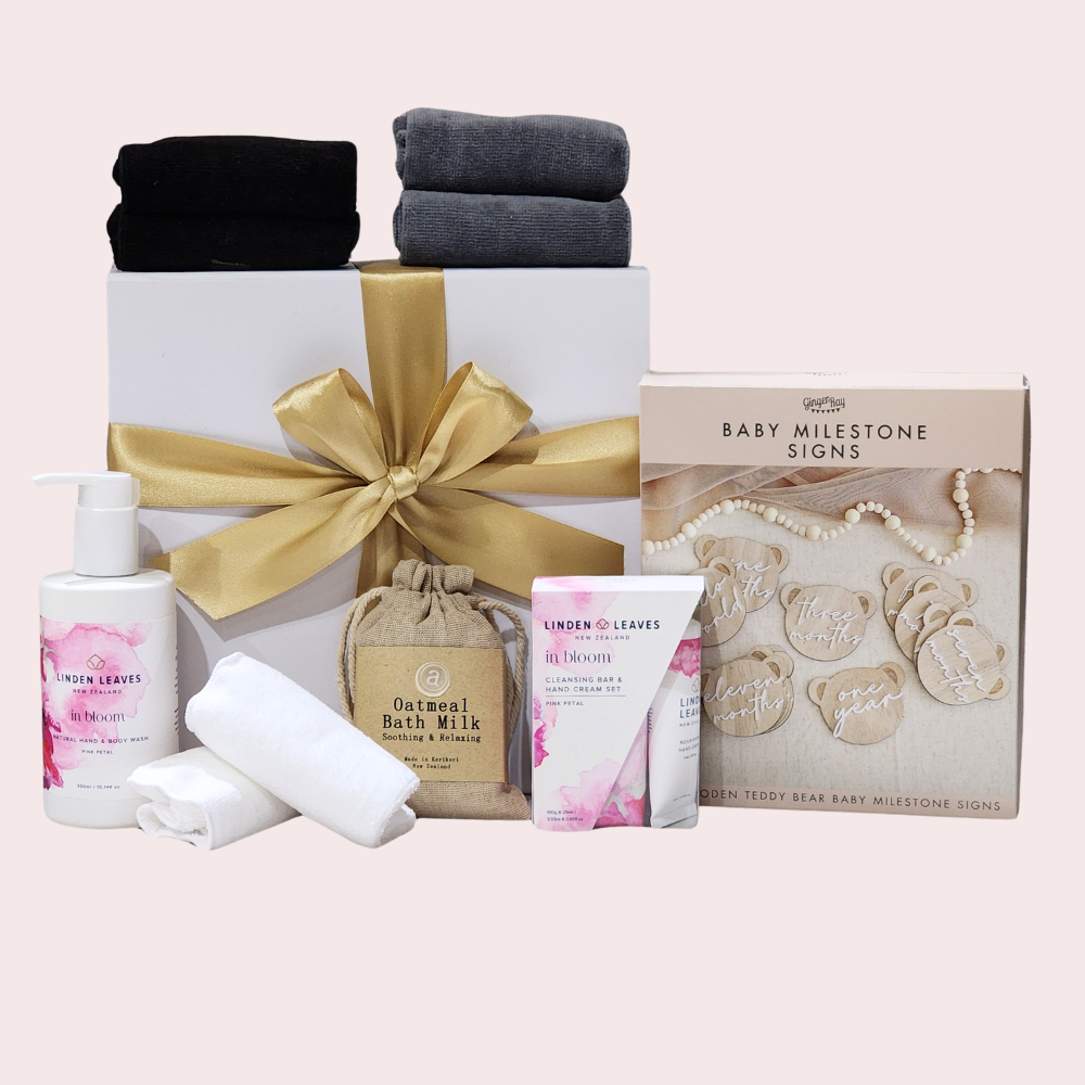 Mum & Baby Cherish Gift Set featuring milestone props, hand cream, bath wash, oatmeal bath milk, and soft face cloths.