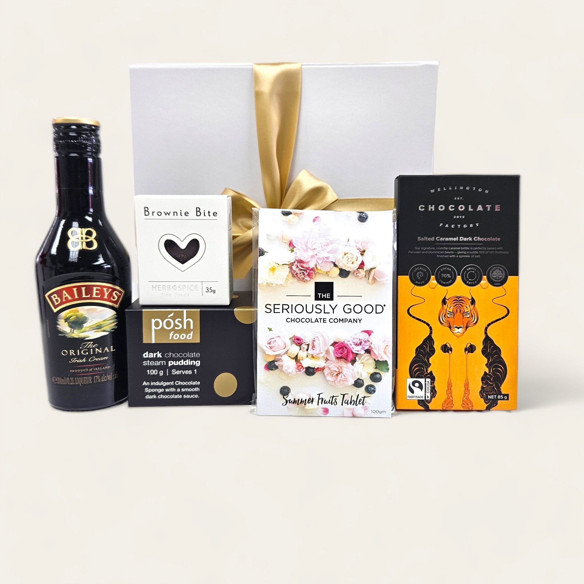 Choc & Baileys gift box featuring Irish cream, salted caramel chocolate, dark pudding, summer fruit tablet, and brownie bites.