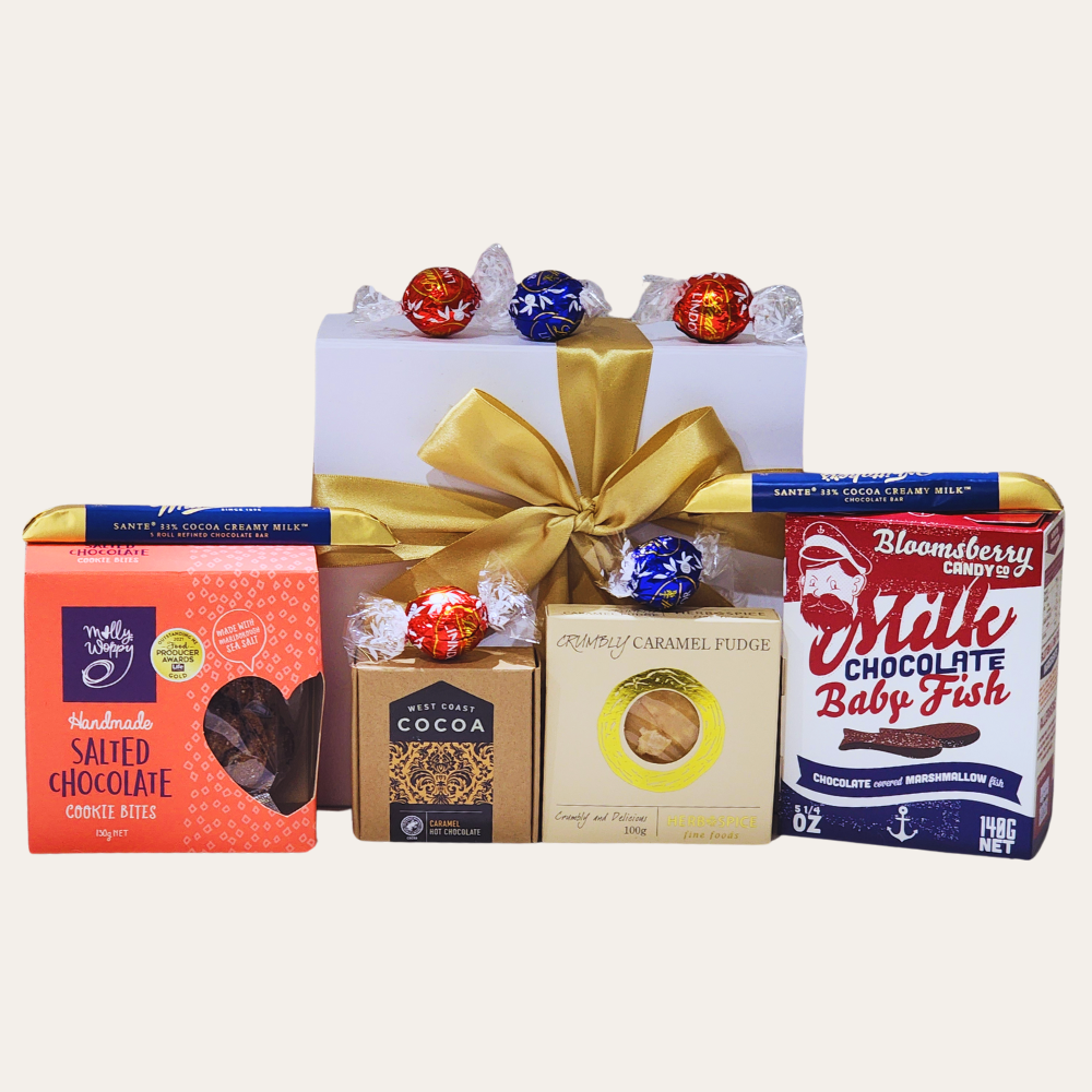 "Deluxe chocolate gift box filled with premium treats like cookies, fudge, and truffles, elegantly presented with a ribbon."