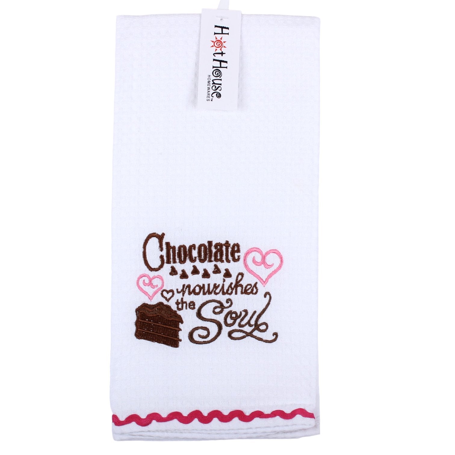 Embroidered chocolate-themed waffle tea towel, soft and durable, ideal for kitchen use and gifting.