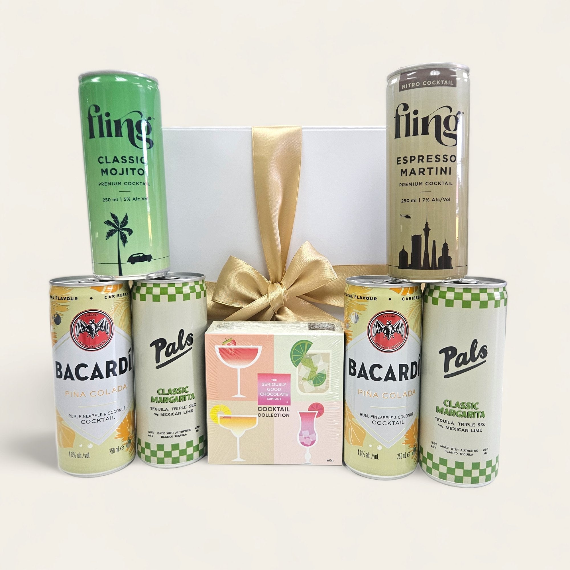 Cocktail Night gift box featuring margaritas, piña coladas, espresso martini, mojito, and gourmet chocolates.