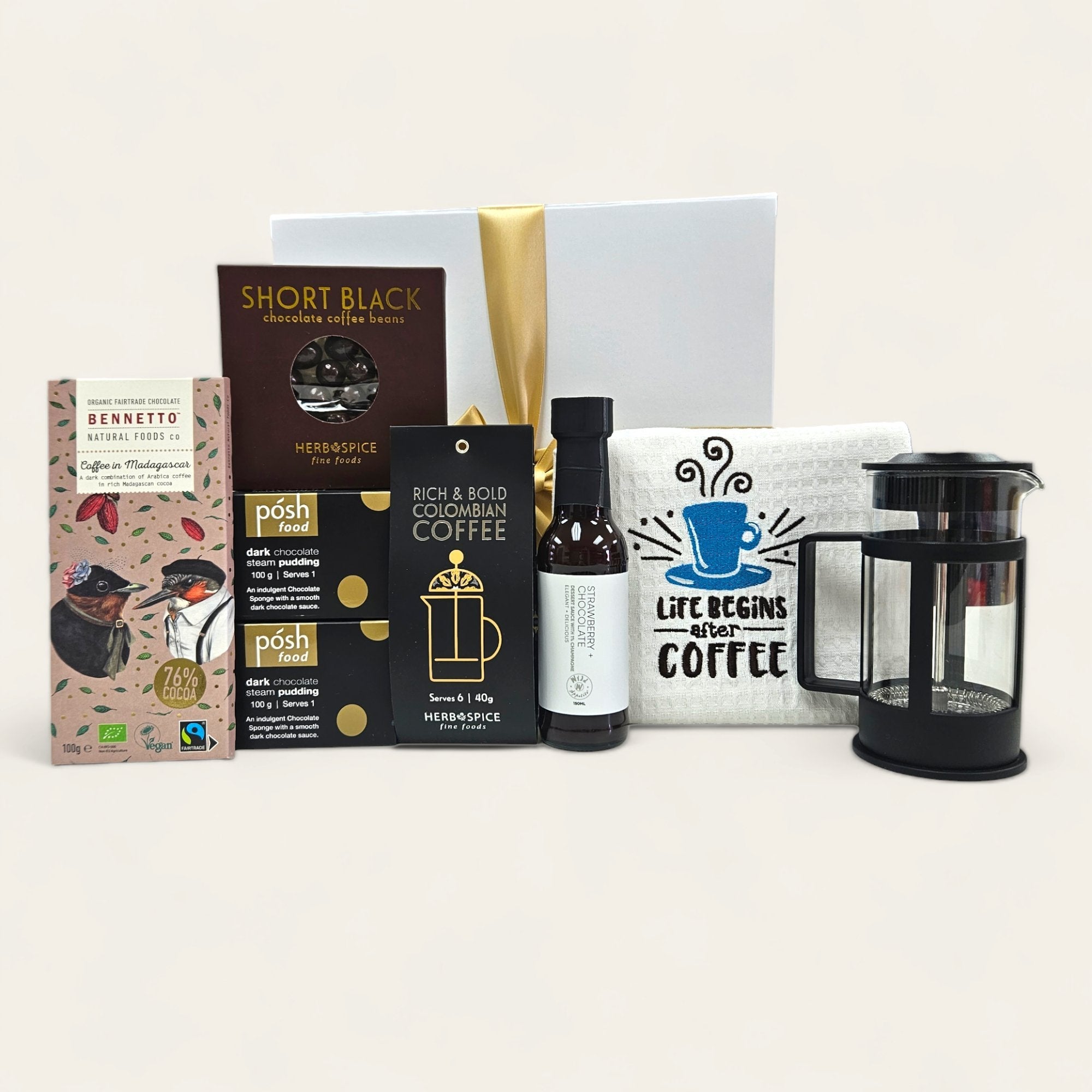 Elegant Coffee & Dessert Gift Box with gourmet treats, including a coffee plunger, chocolate, and more for coffee lovers.