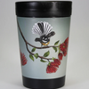 Reusable coffee cup featuring Pohutukawa & Fantail artwork, made in New Zealand, 350ml, BPA-free, eco-friendly design.