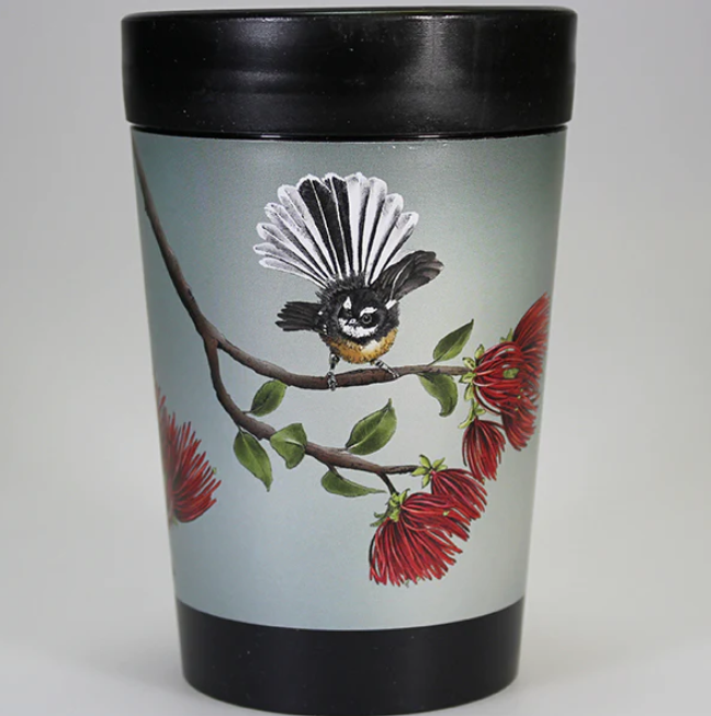Reusable coffee cup featuring Pohutukawa & Fantail artwork, made in New Zealand, 350ml, BPA-free, eco-friendly design.