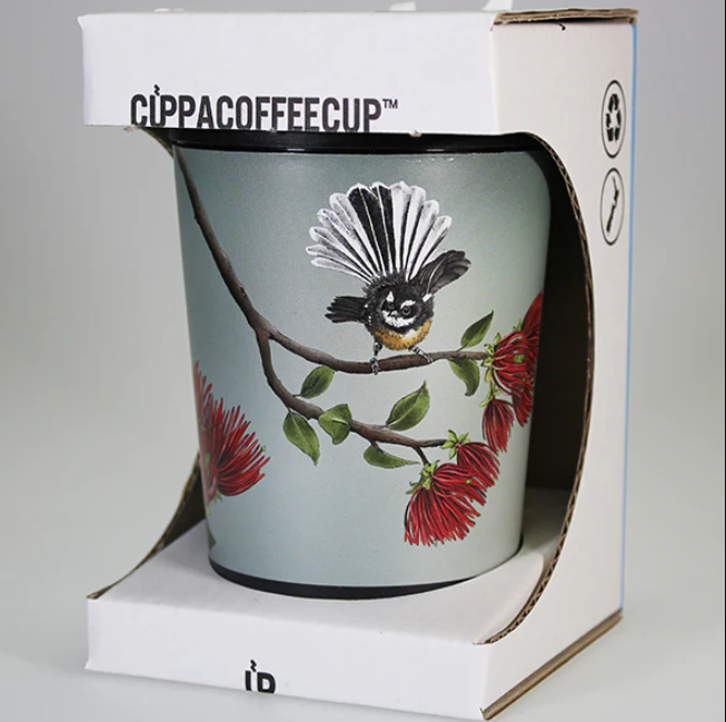 Reusable coffee cup featuring Pohutukawa & Fantail artwork, 350ml capacity, made in New Zealand, BPA-free.