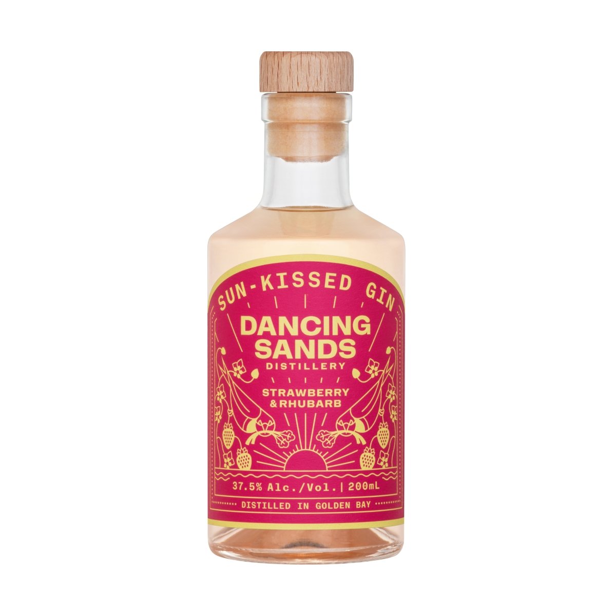 Artisanal 200ml Dancing Sands Sun-Kissed Gin with candied strawberry and rhubarb flavors, perfect for cocktails or sipping.