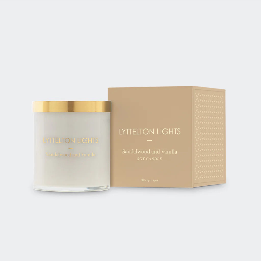 Lyttelton Lights Sandalwood & Vanilla Candle with natural soy wax, floral and woody notes for a serene ambiance.