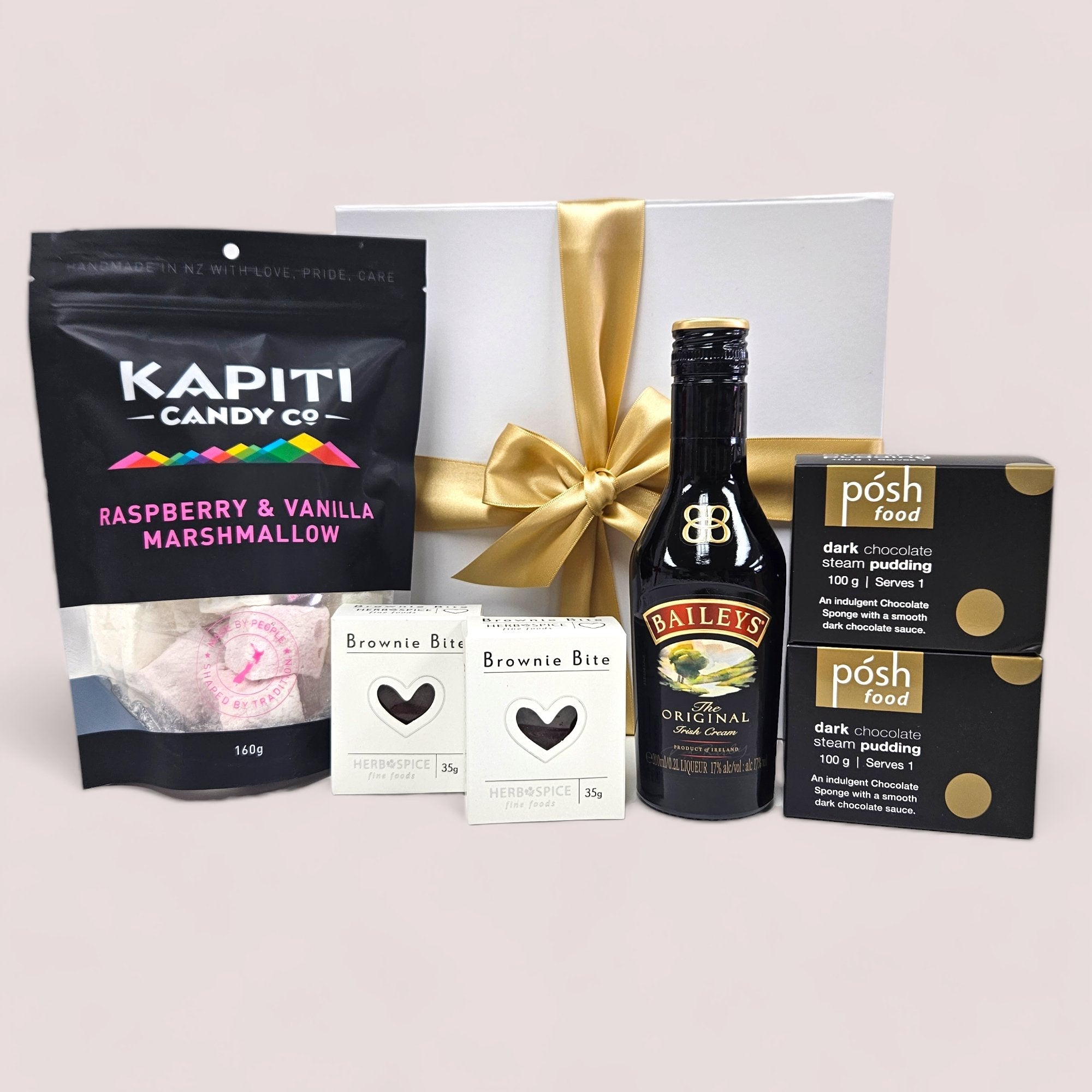 Gourmet Dessert Gift Box featuring indulgent sweets, including Baileys, marshmallows, brownies, and chocolate pudding.