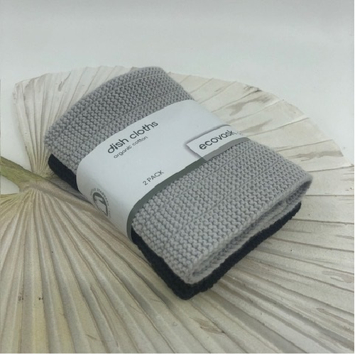 Ecovask Dish Cloths in Nimbus and Poppyseed, eco-friendly, absorbent organic cotton, perfect for cleaning and stylish kitchen use.