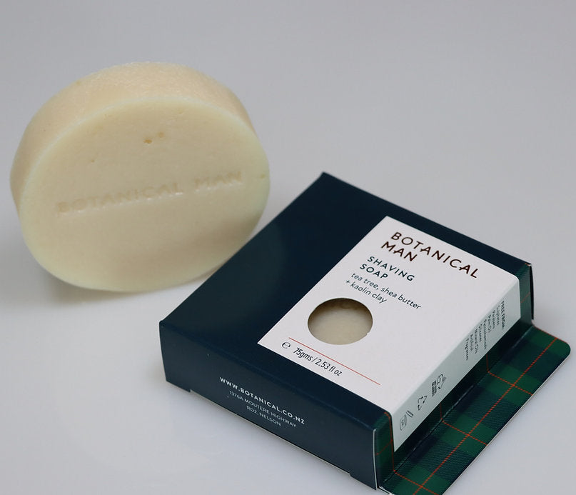 Luxurious Botanical Man Shaving Soap with Tea Tree, Shea Butter, and Kaolin Clay for a smooth, nourishing shave.