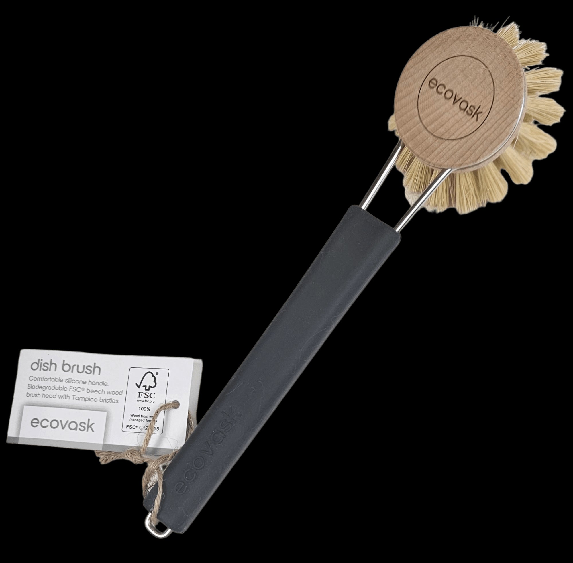 Ecovask Dishbrush featuring a beech wood handle, silicone grip, and durable tampico bristles for effective scrubbing.