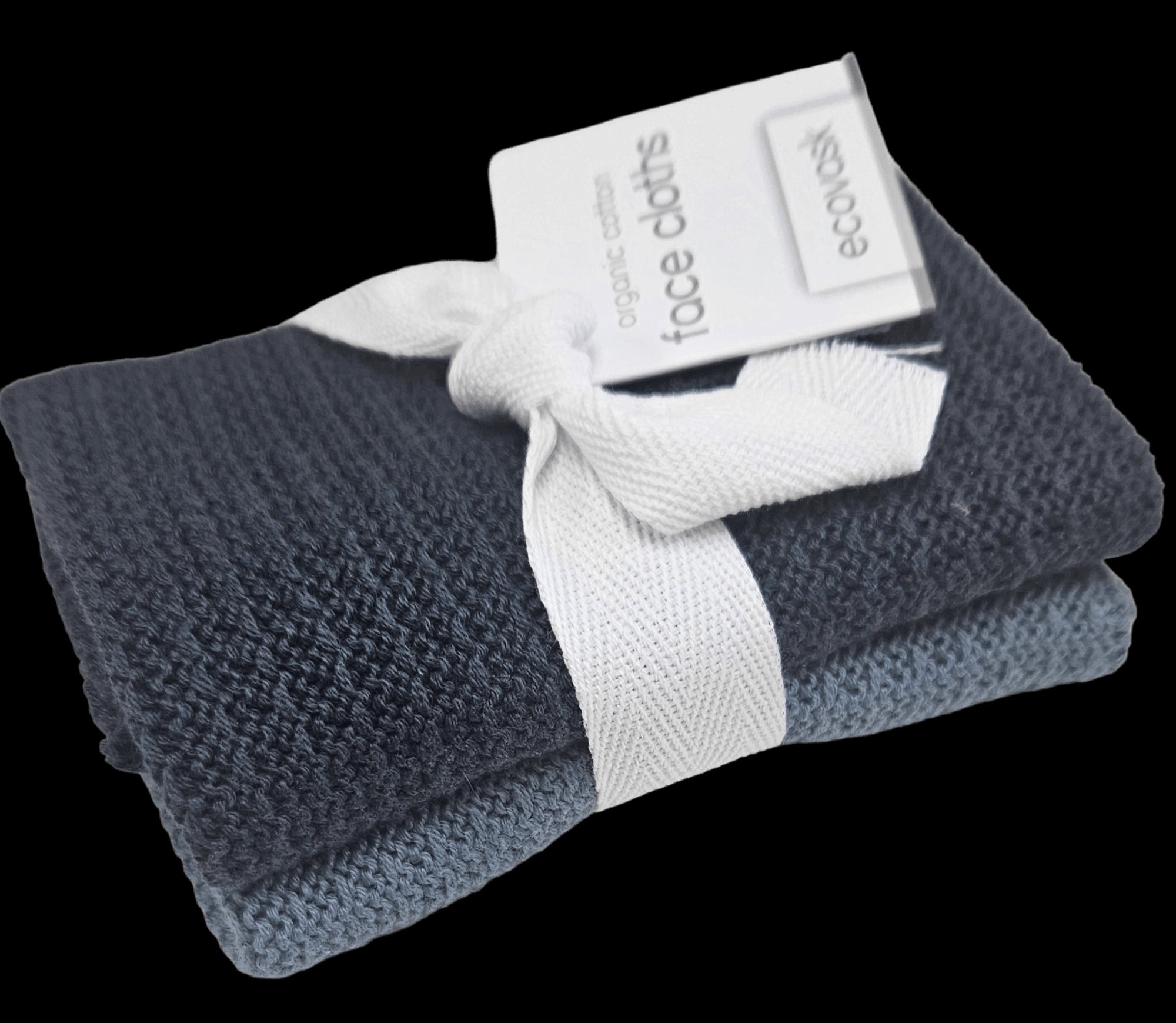 Soft, absorbent Ecovask facecloths in Denim/Navy, made from organic cotton for gentle skincare and eco-friendly gifting.