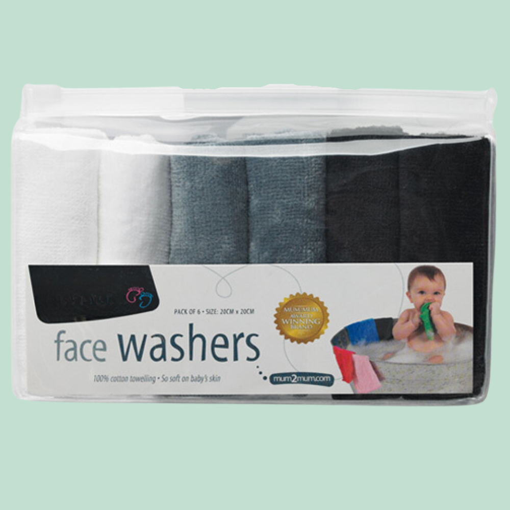 Pack of 6 ultra-soft cotton face cloths, ideal for mealtime, bath time, and gentle care for baby's sensitive skin.