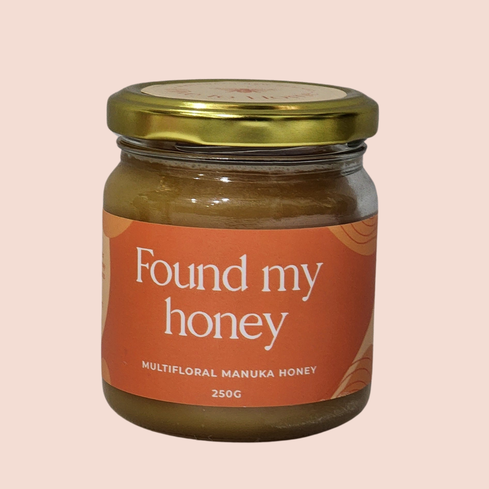 NZ Manuka Honey 250g in "Found My Honey" label, featuring rich flavor and health benefits, ideal for gifting.