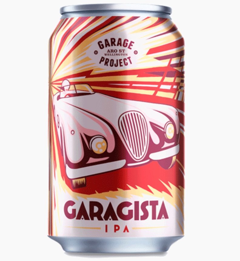 Can of Garage Project Garagista IPA Beer featuring a blend of NZ, Australian, and US hops, showcasing craft brewing artistry.