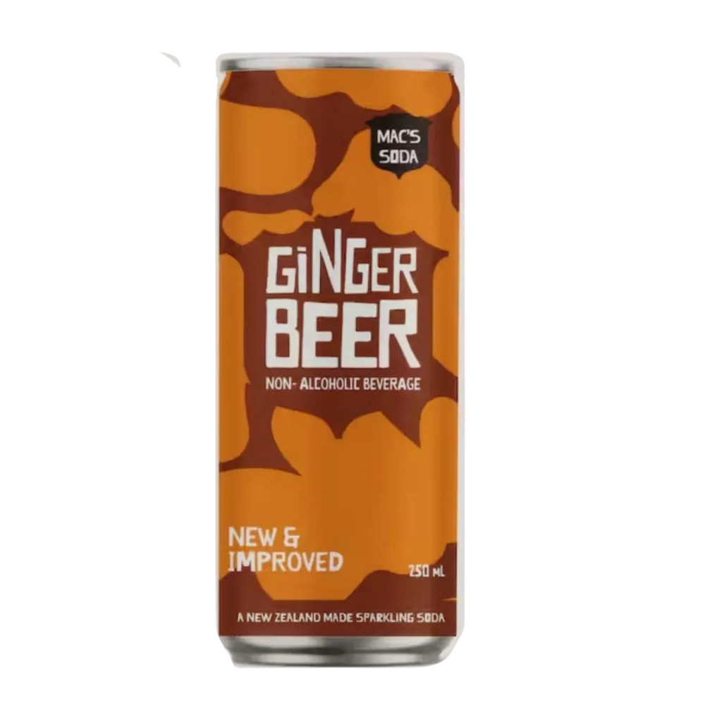 can of Mac's Ginger Beer, a NZ-made sparkling soda with vibrant ginger flavor, perfect for refreshment or gifting.