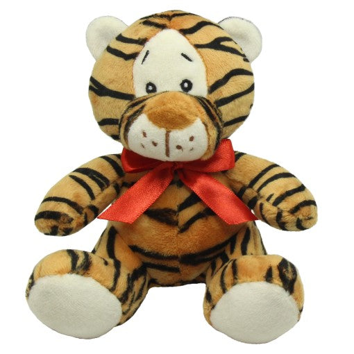 Adorable 20cm tiger plush toy with a whimsical red ribbon, perfect for cuddling and gifting for all ages.