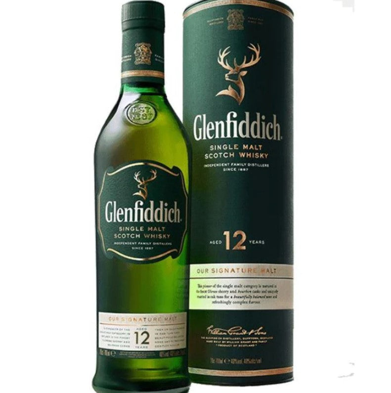 Glenfiddich 12YO Single Malt 700ml, a smooth Speyside whisky with fresh fruit, oak, and subtle sweetness, aged 12 years.