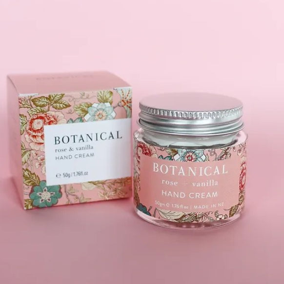 Luxurious Botanical Rose & Vanilla Hand Cream, enriched with Pro Vitamin B5, vegan, paraben-free, for soft, scented hands.