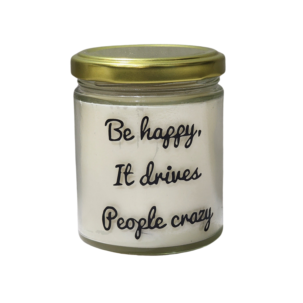 "Candle with a joyful message, blending Black Raspberry & Vanilla scents for a warm, uplifting atmosphere."