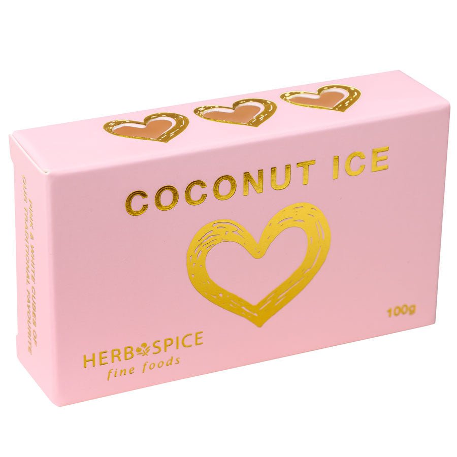 Pink and white Coconut Ice cubes in a 100g package, offering a nostalgic taste of sweet coconut indulgence.