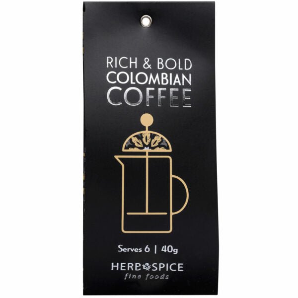 Premium Colombian coffee blend for bold flavor, perfect for 6 cups of plunger coffee; ideal for gifts and relaxation.