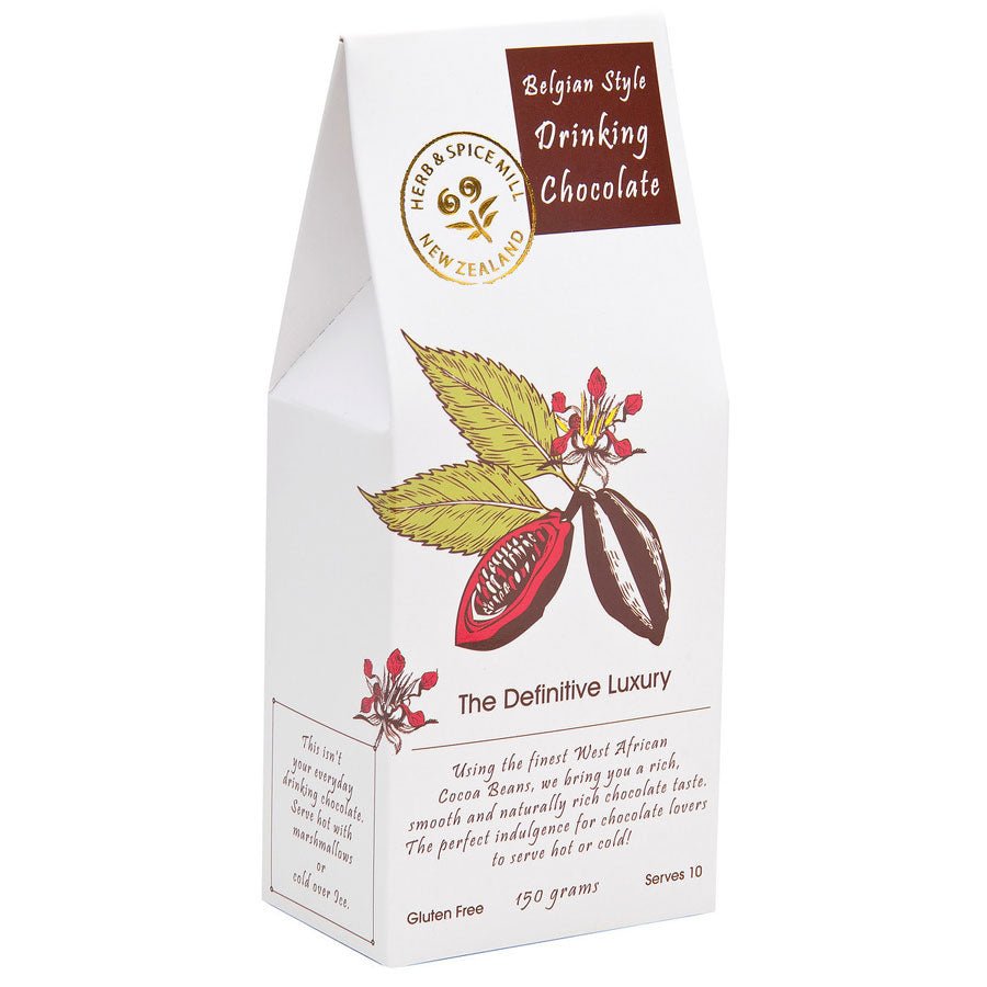 Herb & Spice Mill Belgian Style Drinking Chocolate made from West African Cocoa, perfect for cozy nights or refreshing chilled treats.