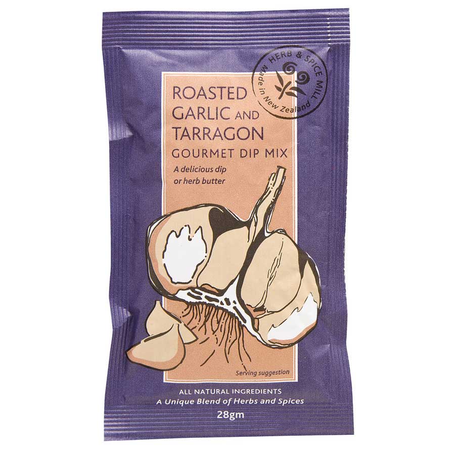 Herb & Spice Mill Roasted Garlic & Tarragon Dip mix, perfect for creamy dips and flavorful appetizers. Gluten-free and versatile.