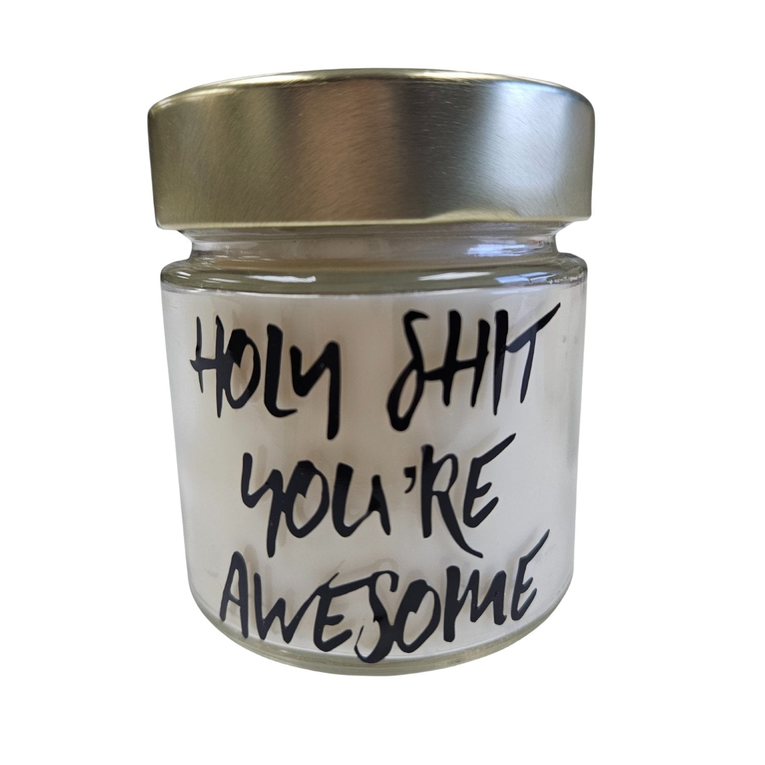 "Holy Shit You're Awesome candle with Black Raspberry & Vanilla scent, perfect gift to celebrate positivity and joy."