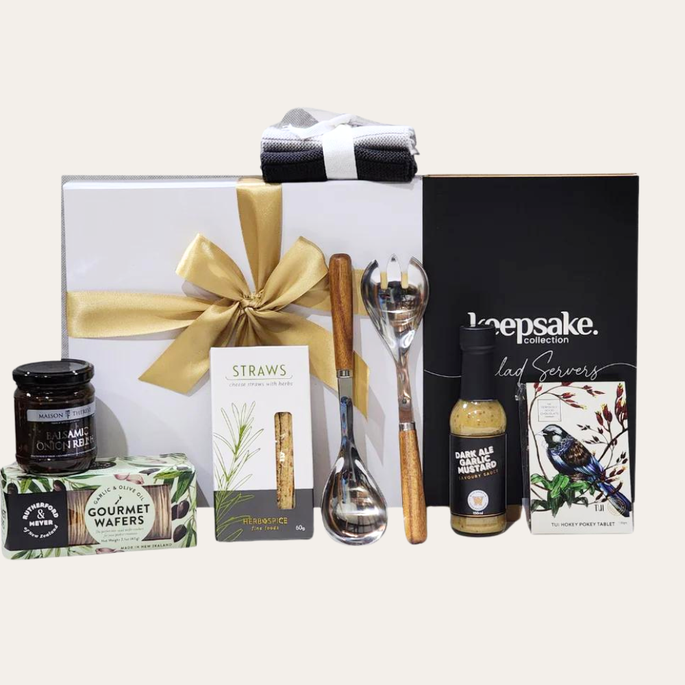 Luxurious Home Haven Gourmet gift box featuring stylish kitchen essentials and decadent treats for food lovers.