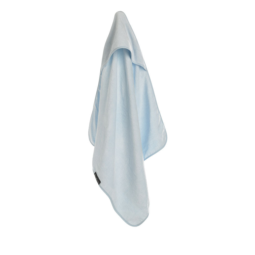 Soft blue baby hooded towel made of 100% cotton, providing warmth and comfort for bath time.