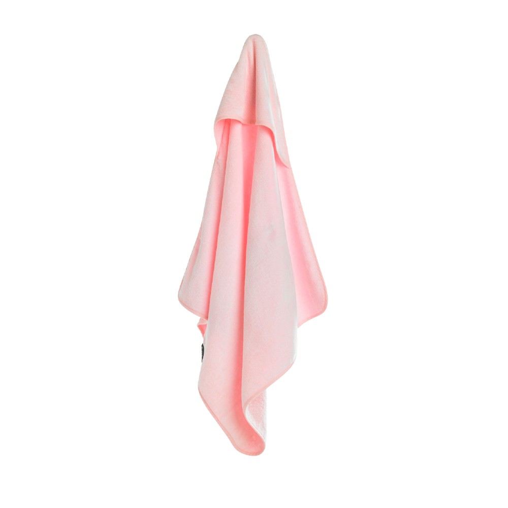 Soft pink baby hooded towel made of 100% cotton, designed for comfort and absorbency after bath time.