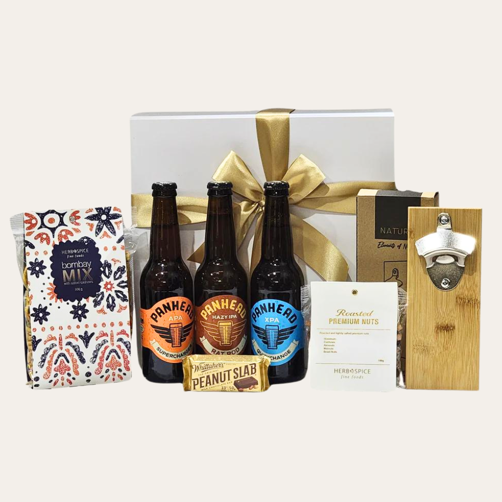 Hoppy Hour gift box with craft beers, bamboo bottle opener, and gourmet snacks in a decorative closure box.