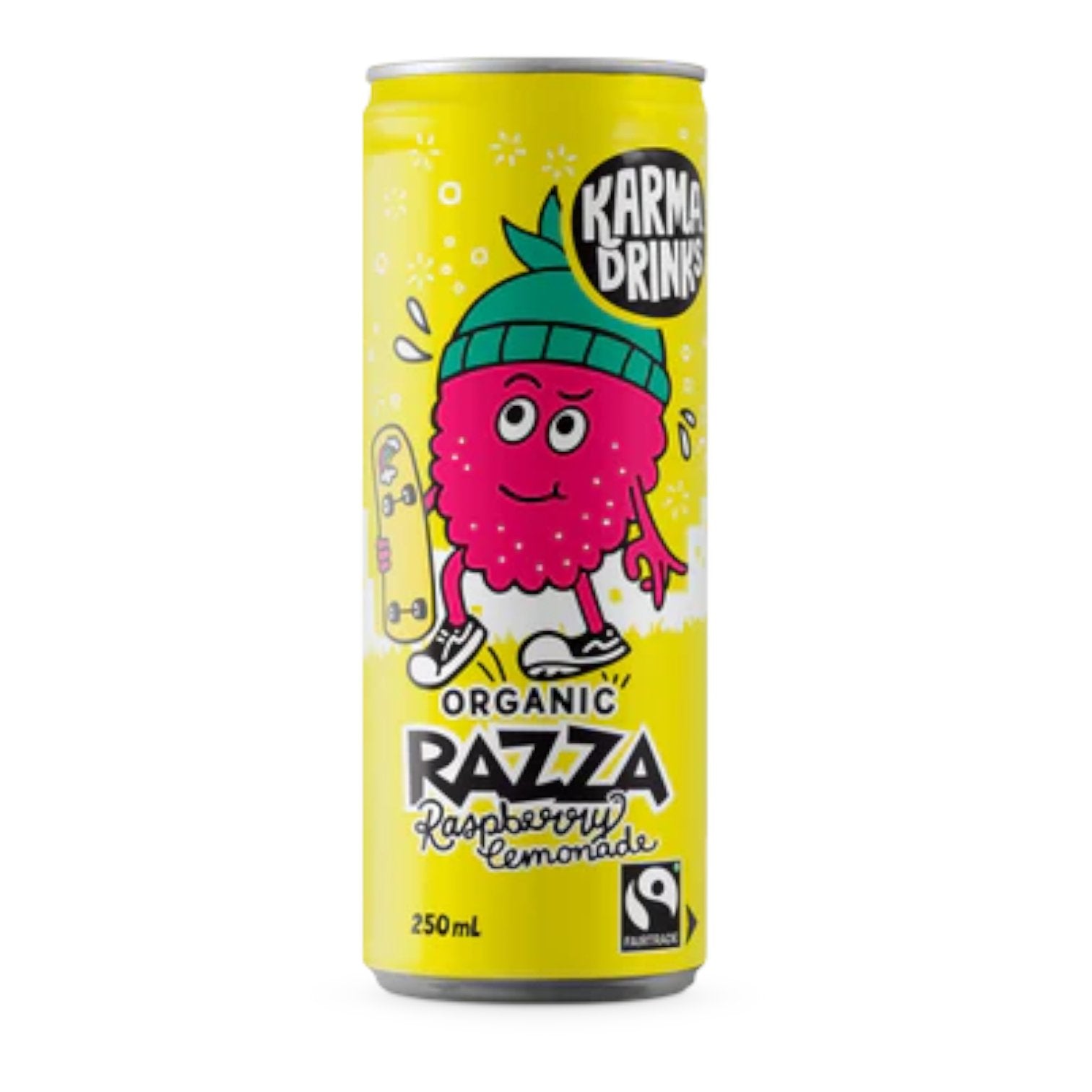 Punky pink Karma Drinks Razza Raspberry Lemonade in a 250ml bottle, featuring organic lemon and raspberry flavors.